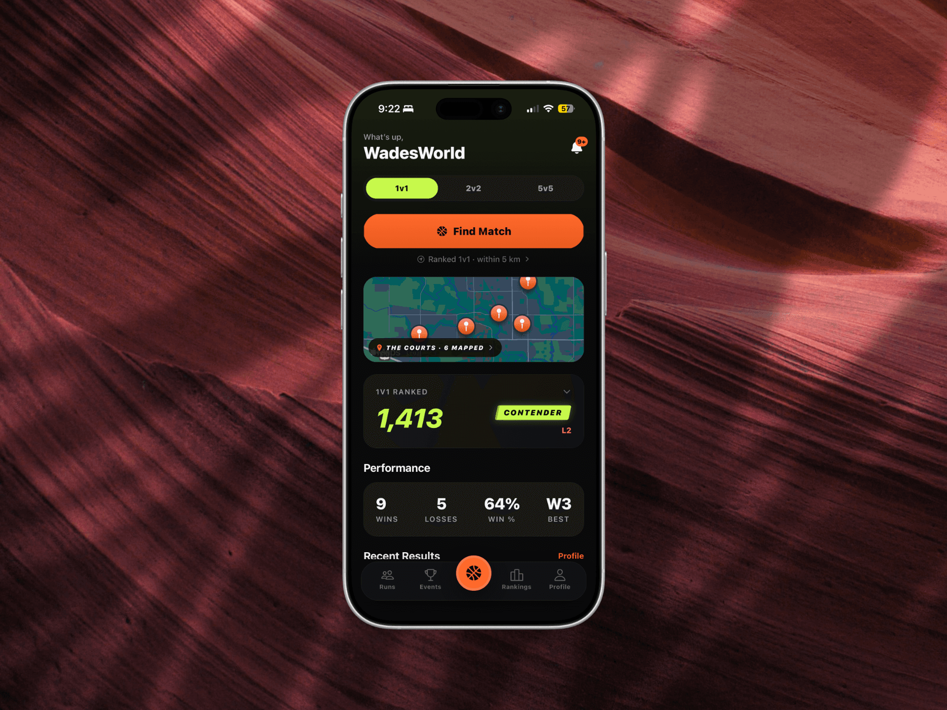 Current NextUp app showing nearby courts, ranked matchmaking, Trophy Score, and recent performance